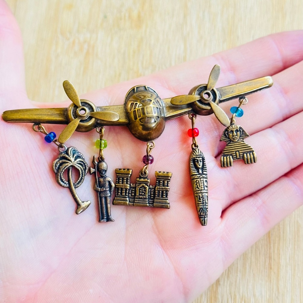 Whimsical Airplane Travel Egypt Brooch Bar Pin VTG Dangle Glass Antiqued Brass